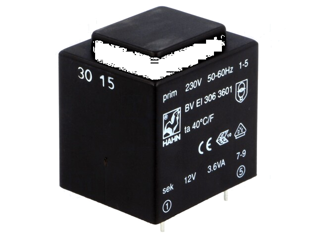 Transformator: ingegoten; 3,6VA; 230VAC; 12V; 300mA; PCB; BVEI Transformator: ingegoten; 3,6VA; 230VAC; 12V; 300mA; PCB; BVEI